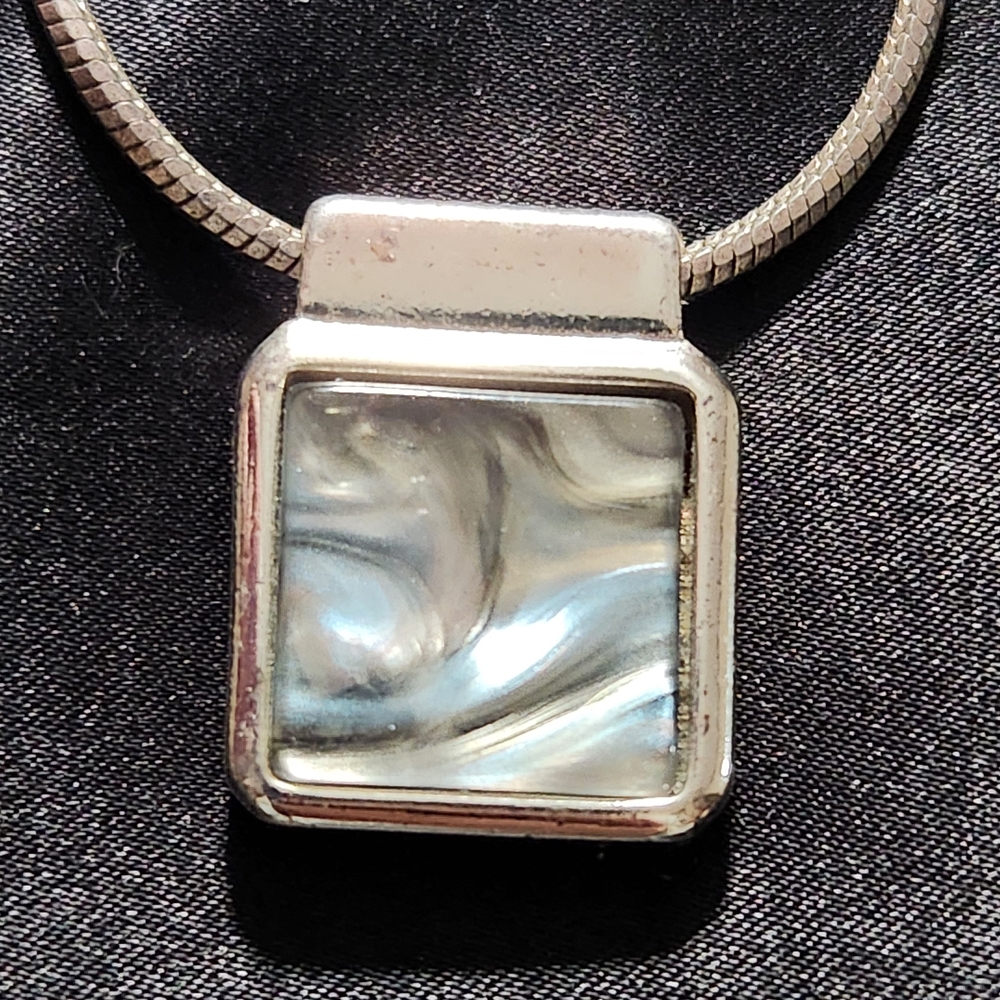 Monet Vintage Silver Square Abalone Pendant Necklace - Iridescent Gray-Blue